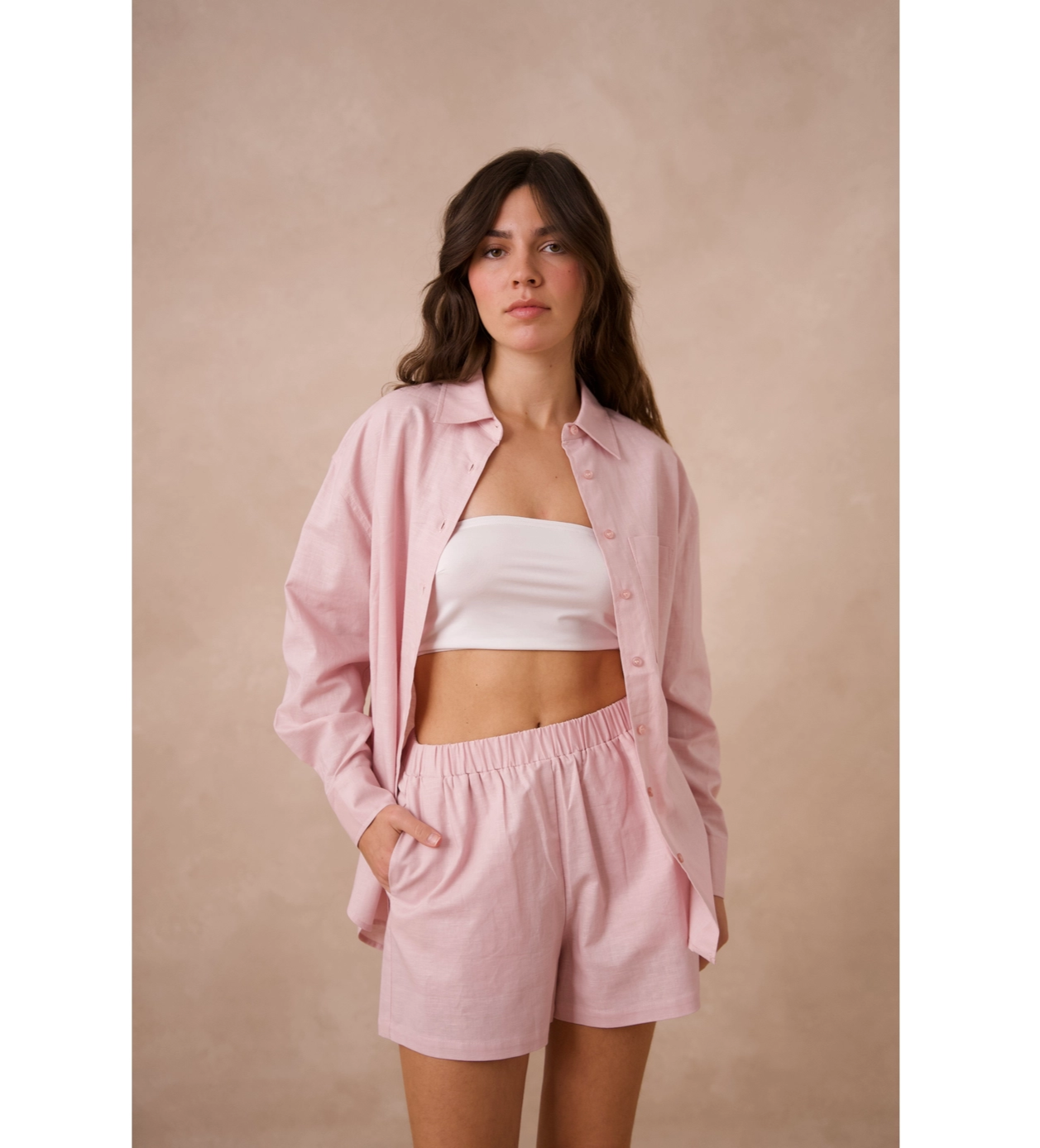 COMPLETO IN COTONE E LINO ROSA