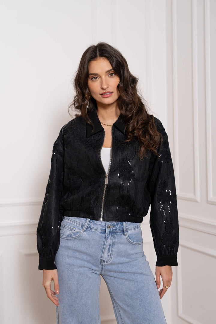 GIACCA CORTA IN PIZZO E PAILLETTES