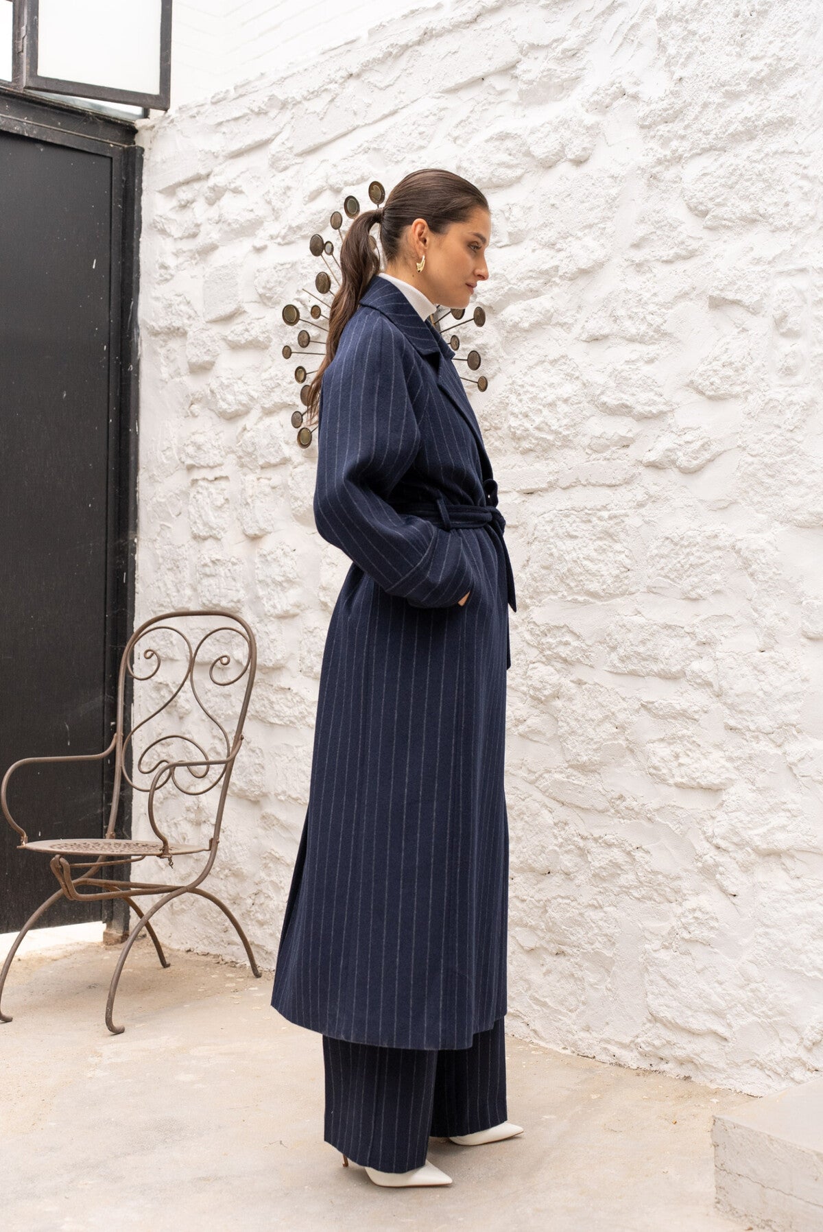 CAPPOTTO LUNGO IN MISTO LANA CON RIGHE SOTTILE