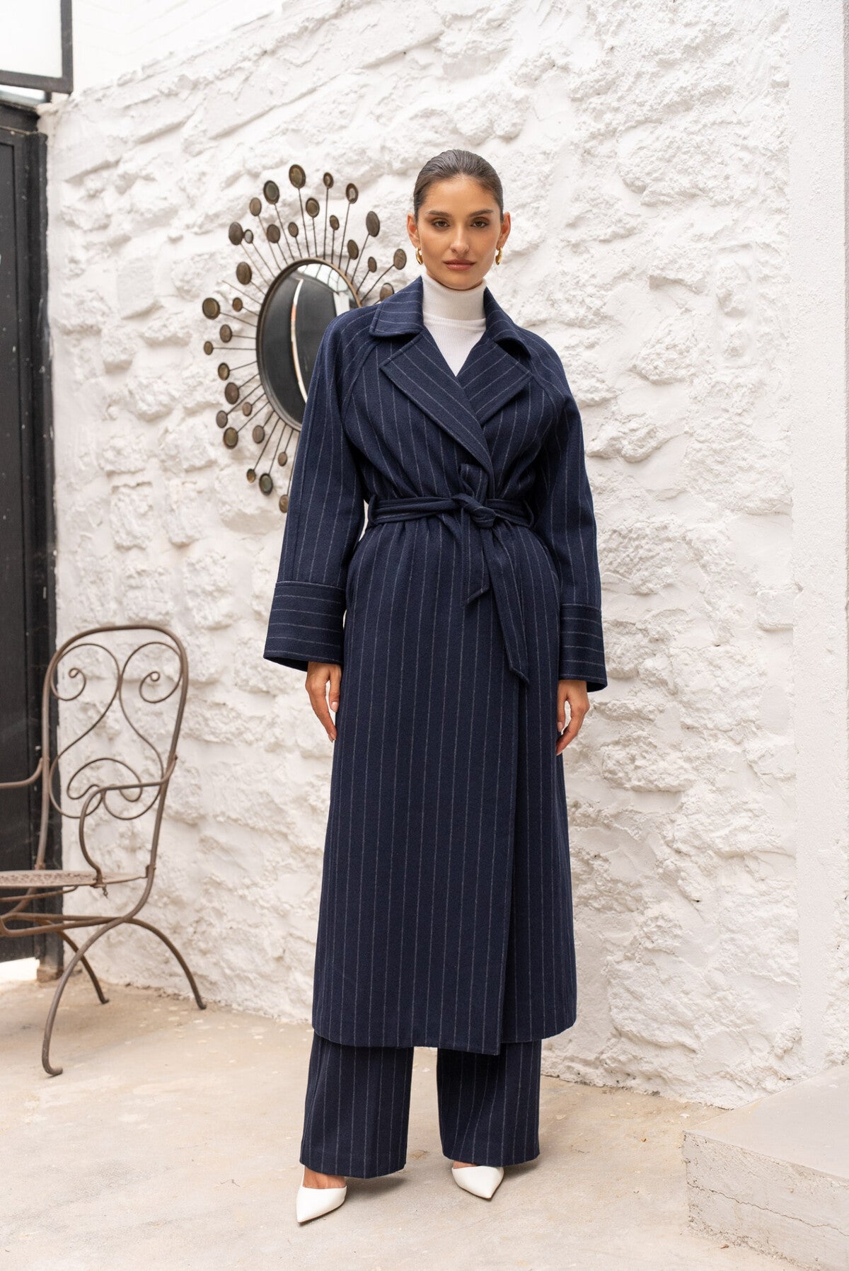 CAPPOTTO LUNGO IN MISTO LANA CON RIGHE SOTTILE